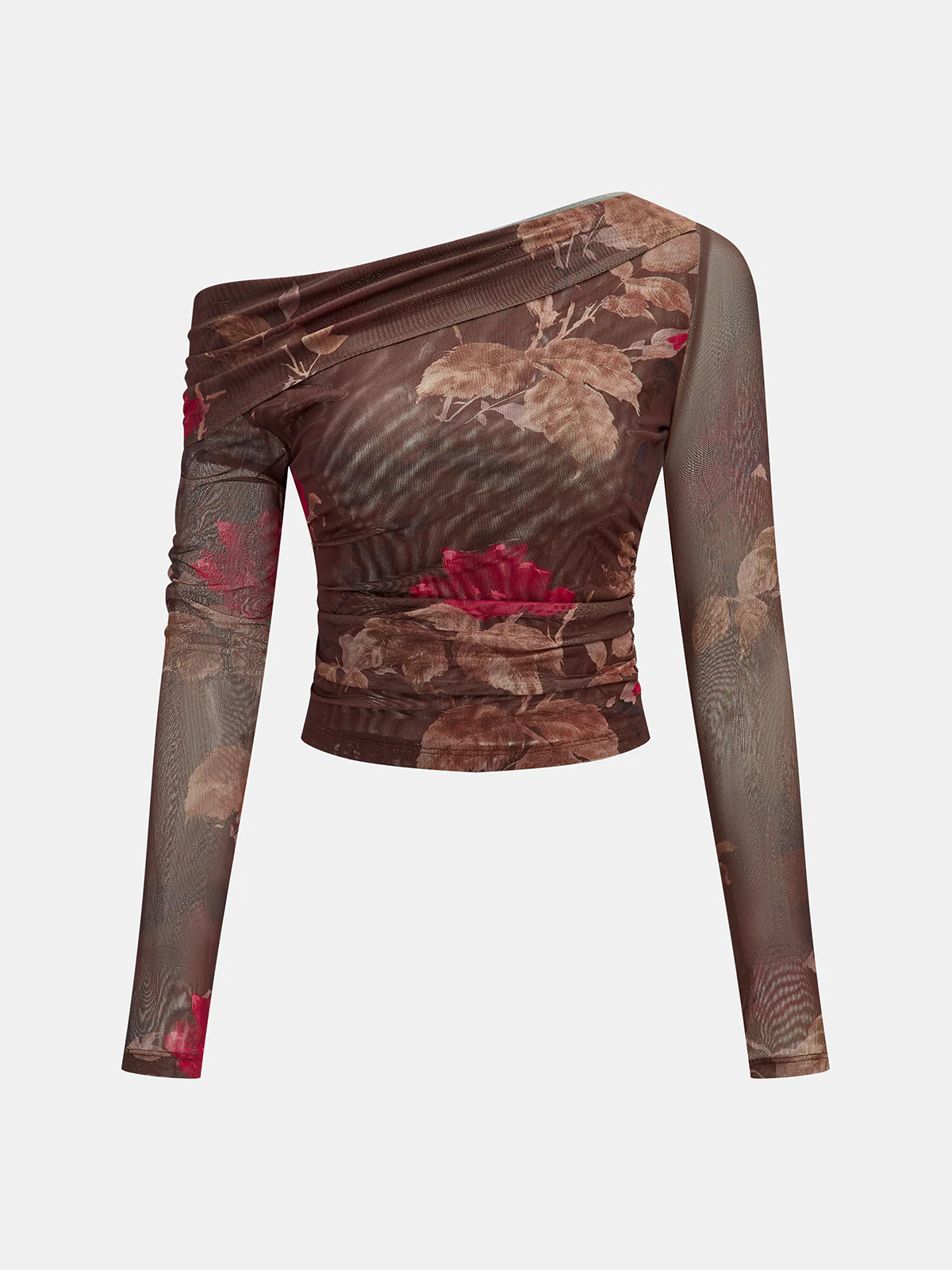 Floral Print Off-Shoulder Mesh T-Shirt