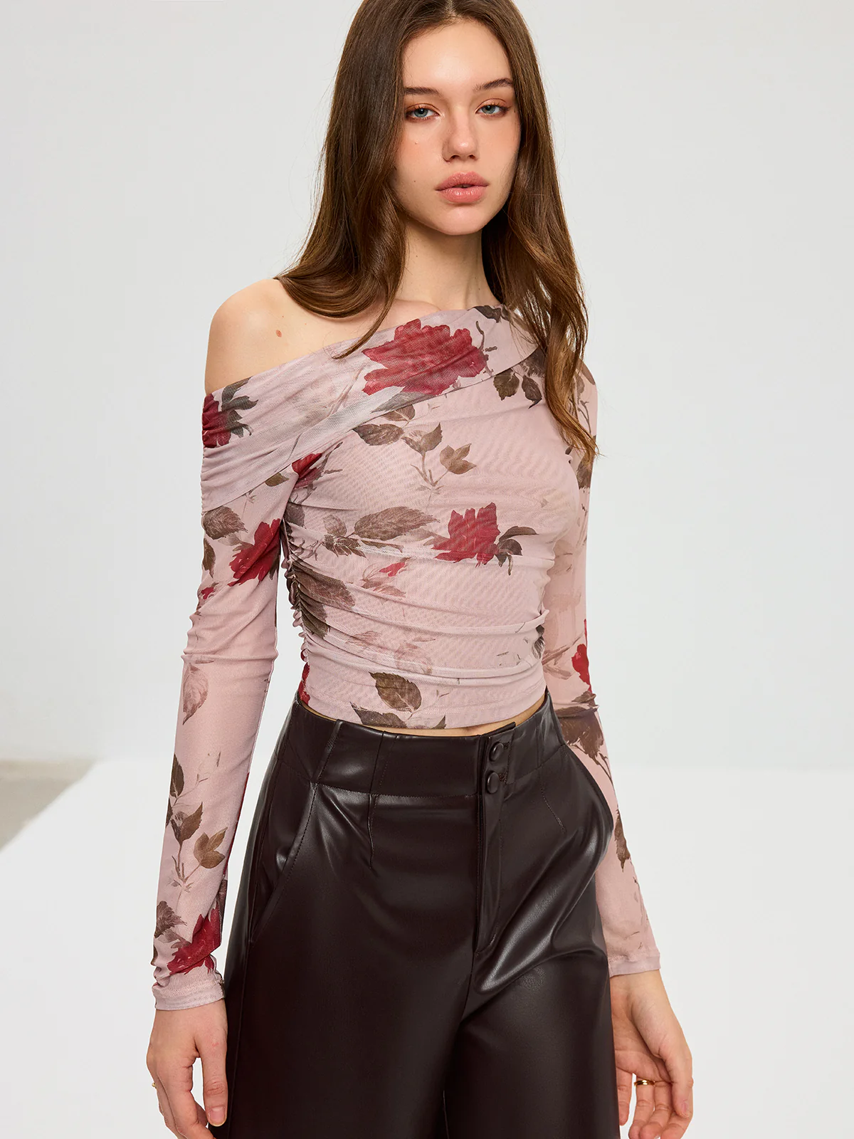 Floral Print Off-Shoulder Mesh T-Shirt