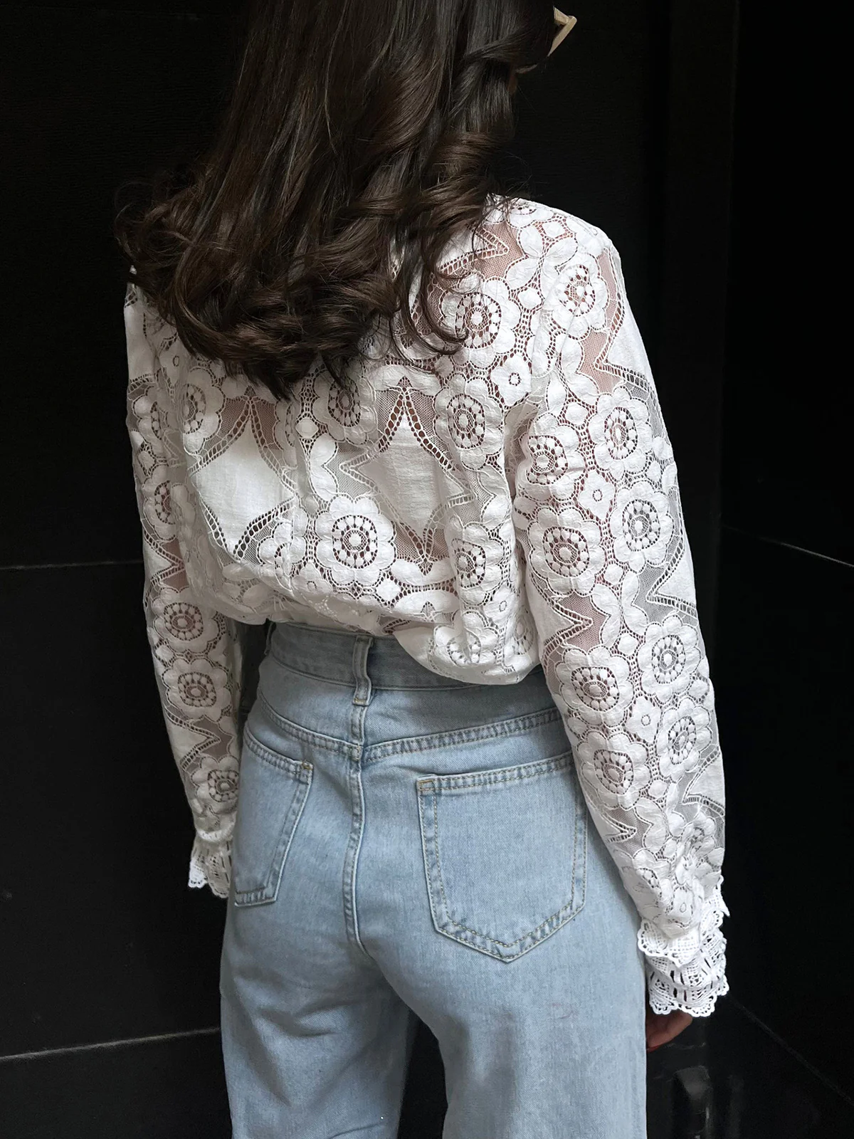 Semi-Sheer Lace Embroidery Floral Mock Neck T-Shirt