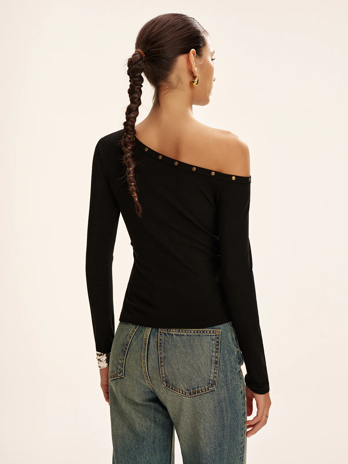 Studded Off Shoulder Long Sleeve T-Shirt
