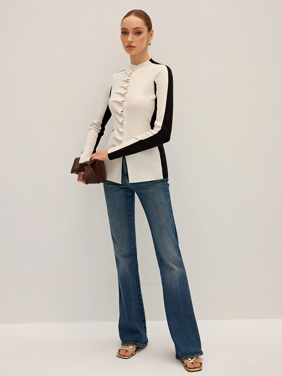 Ruffle Button Fitted Knit Top