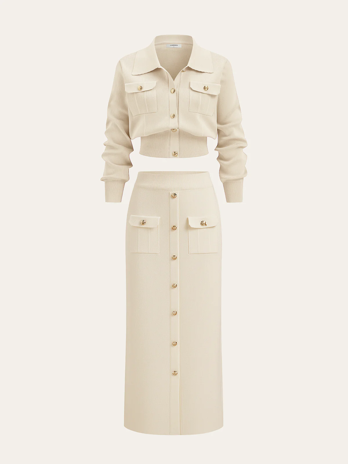 Metal Button Collared Cardigan and Midi Skirt Set