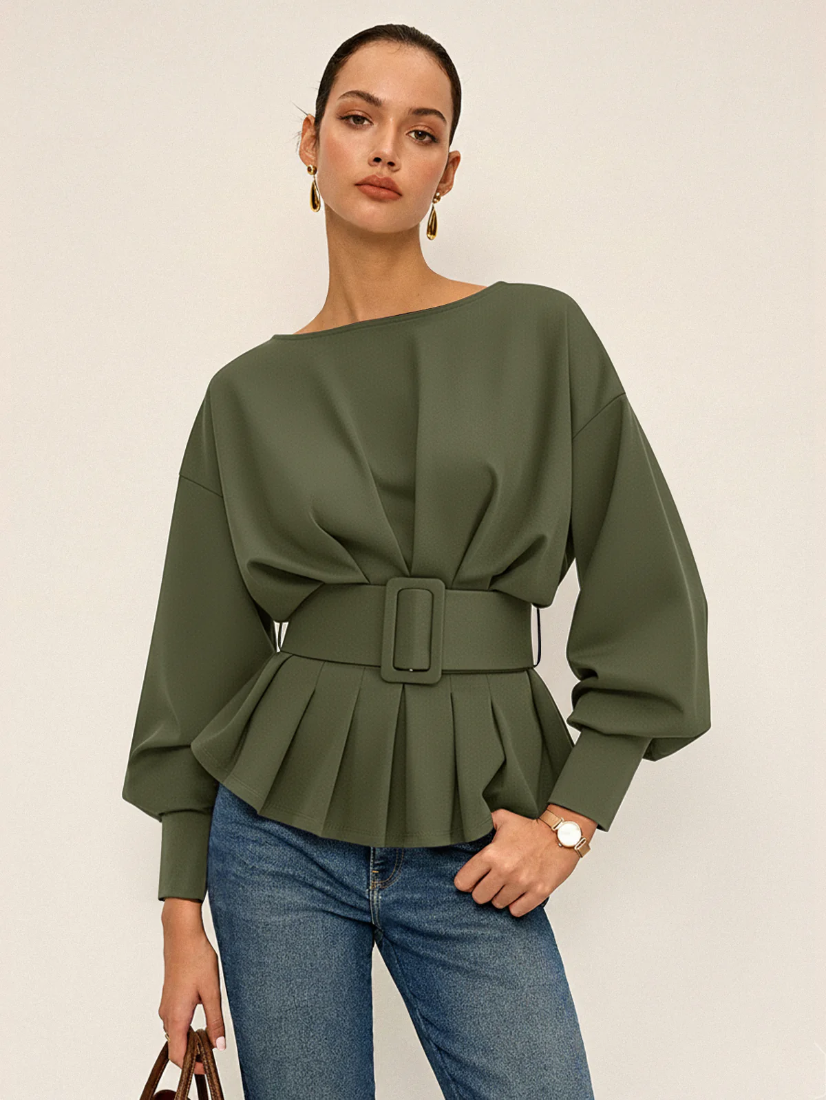 Boat Neck Peplum Sweatshirt with Wide Belt