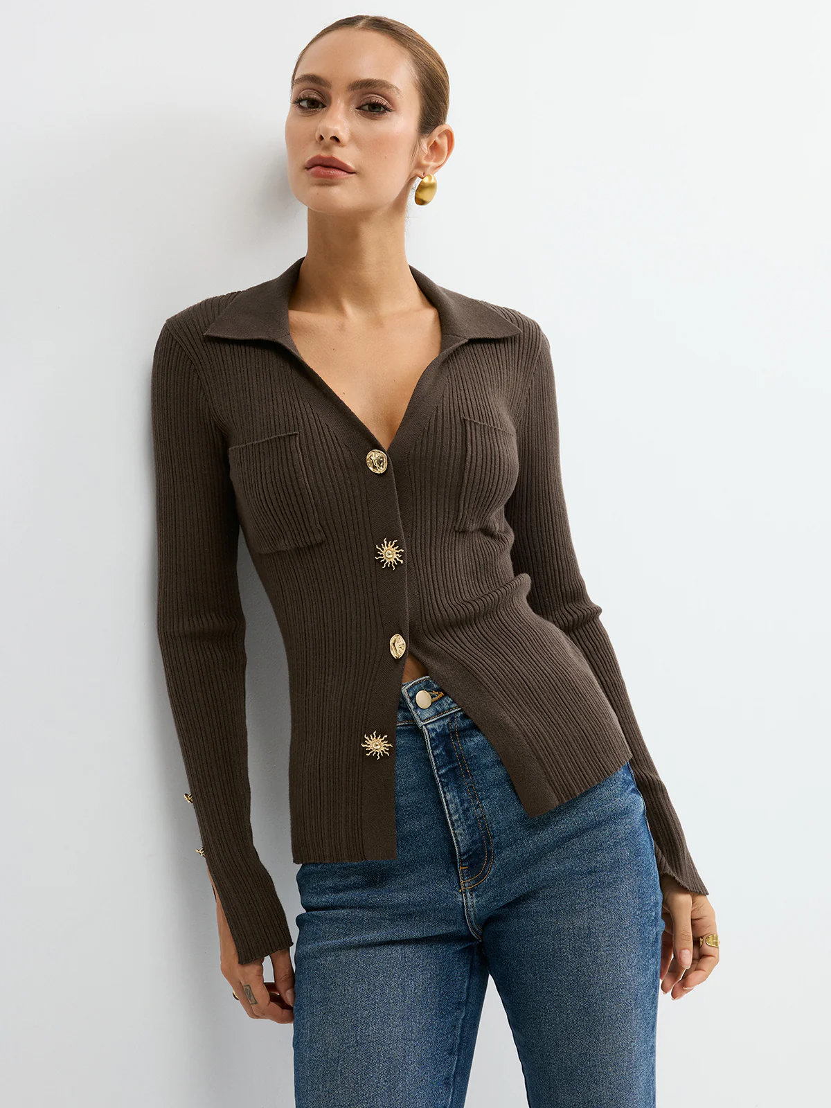 Polo Neck Ribbed Knit Top