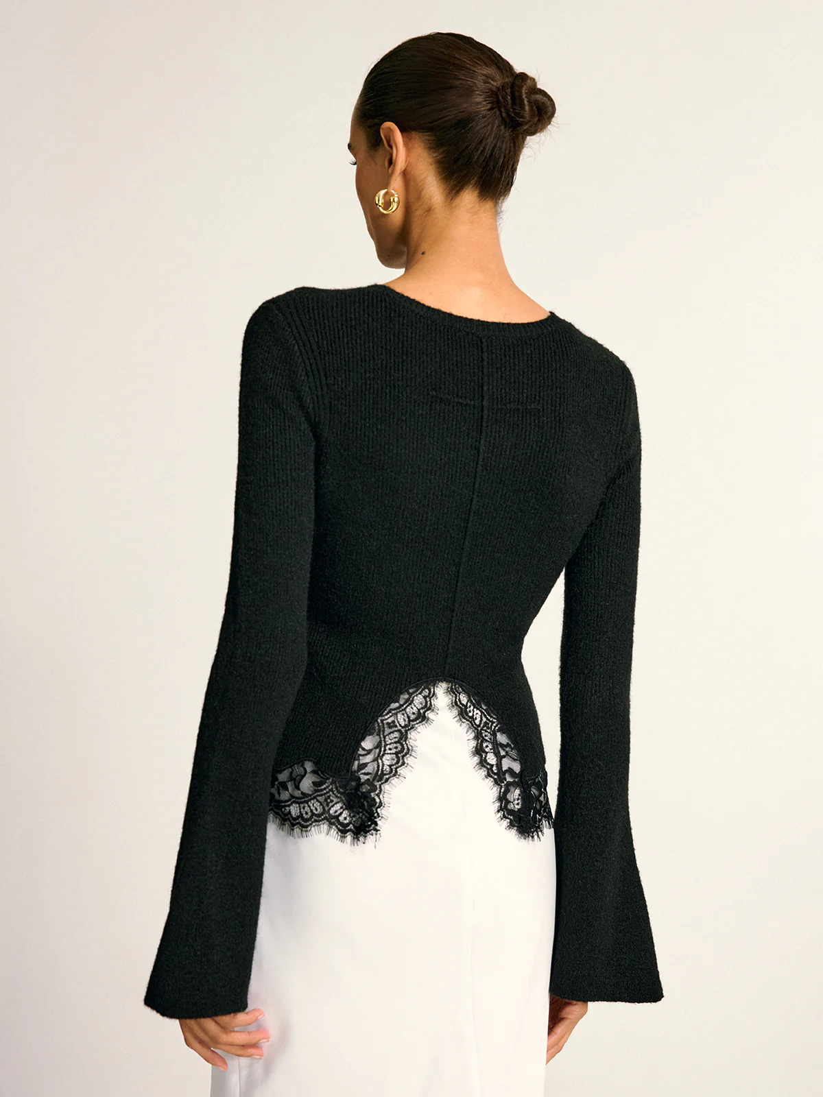 Lace Hem Bell Sleeve Wool Blend Knit Top