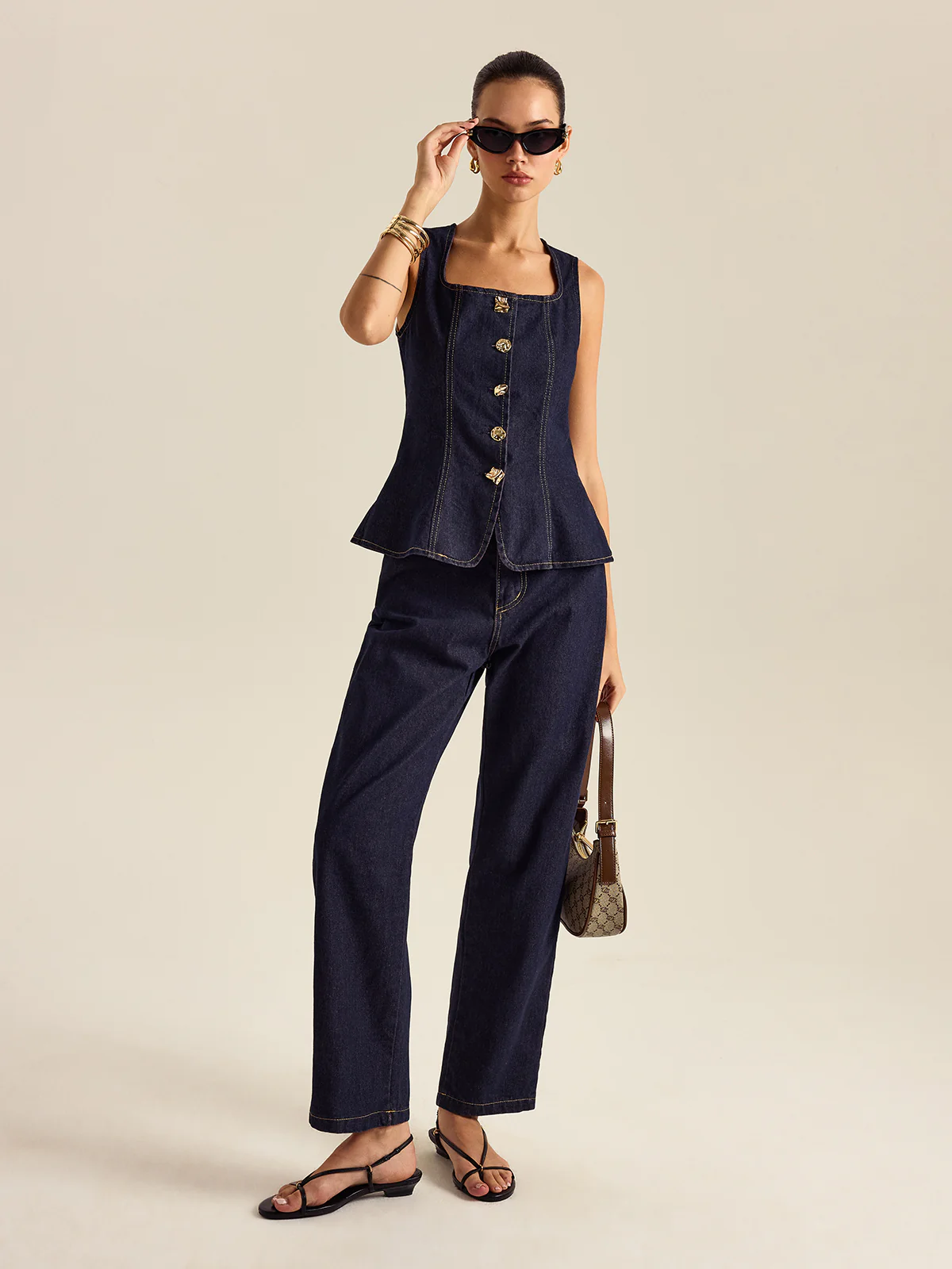 Denim Metal Button Peplum Top and Pants Set