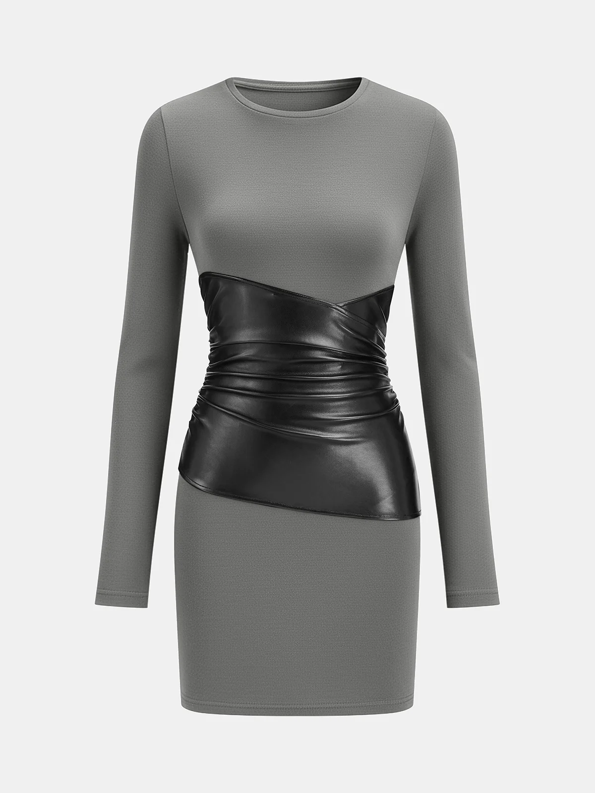 PU Leather Panel Long Sleeve Knit Dress
