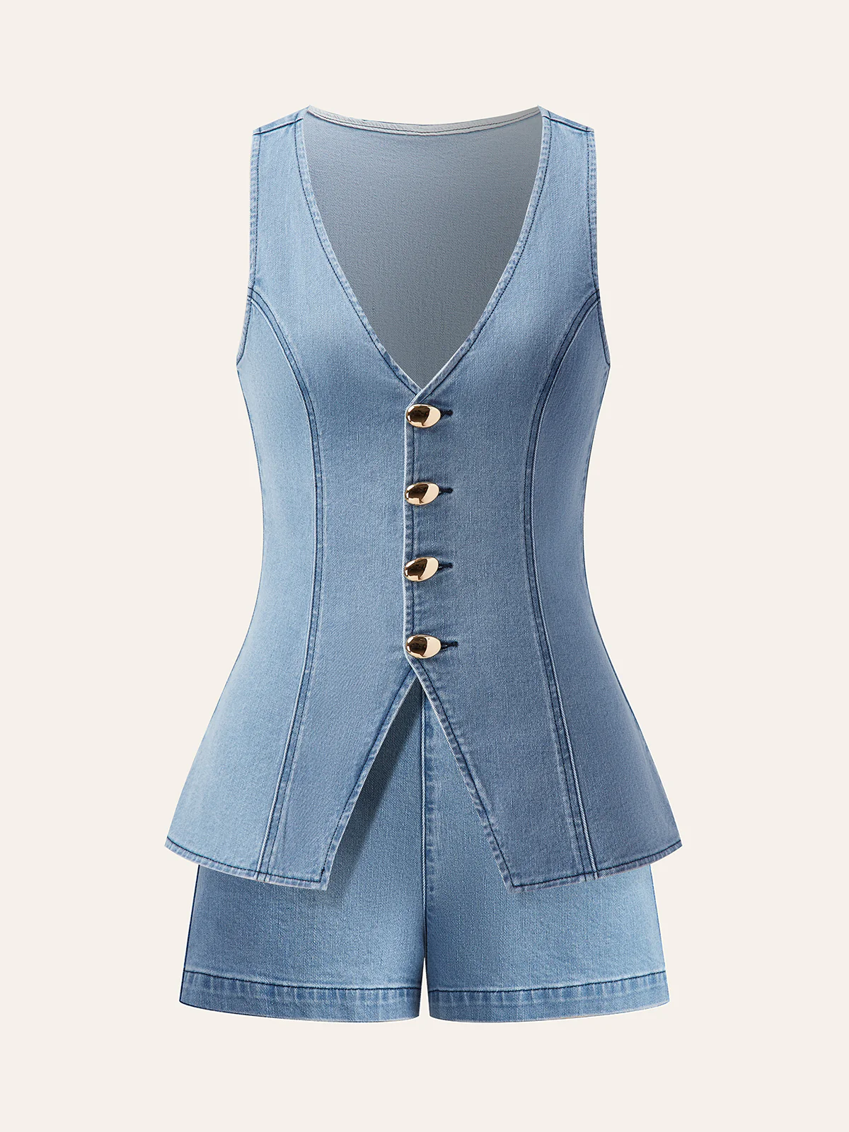 Metal Button Tie-Back Denim V-Neck Shorts Set