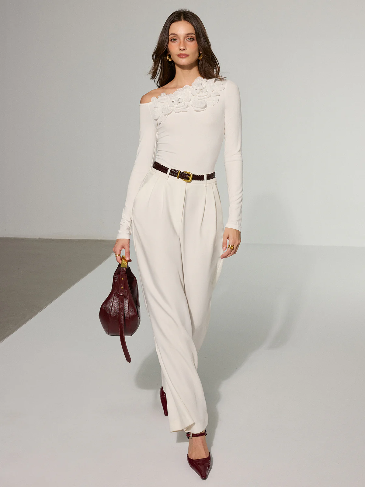 Off-Shoulder 3D Floral Embellished T-Shirt