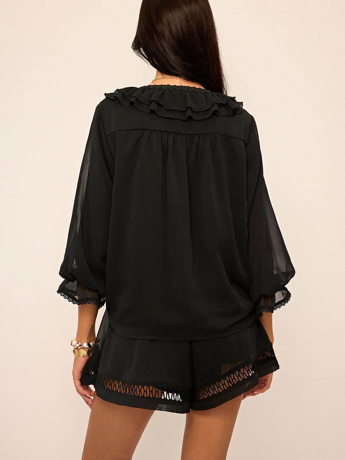 Ruffled Button Chiffon Top and Shorts Set