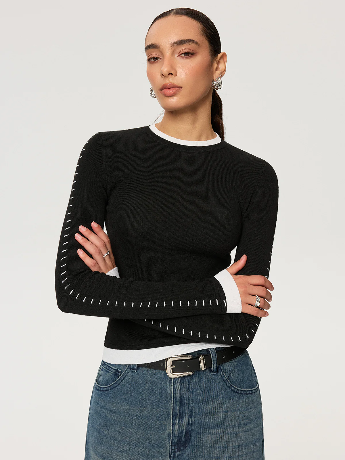 Contrast Stitch Wool-Blend Knit Top