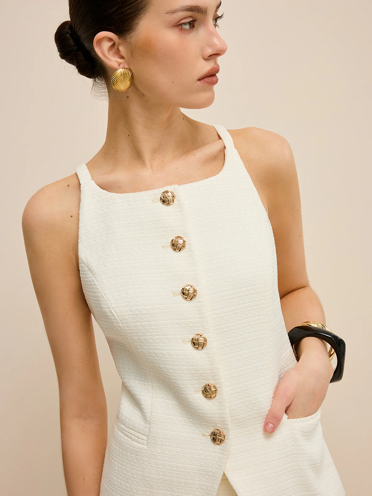 Pocketed Tweed Metal Button Shorts Set