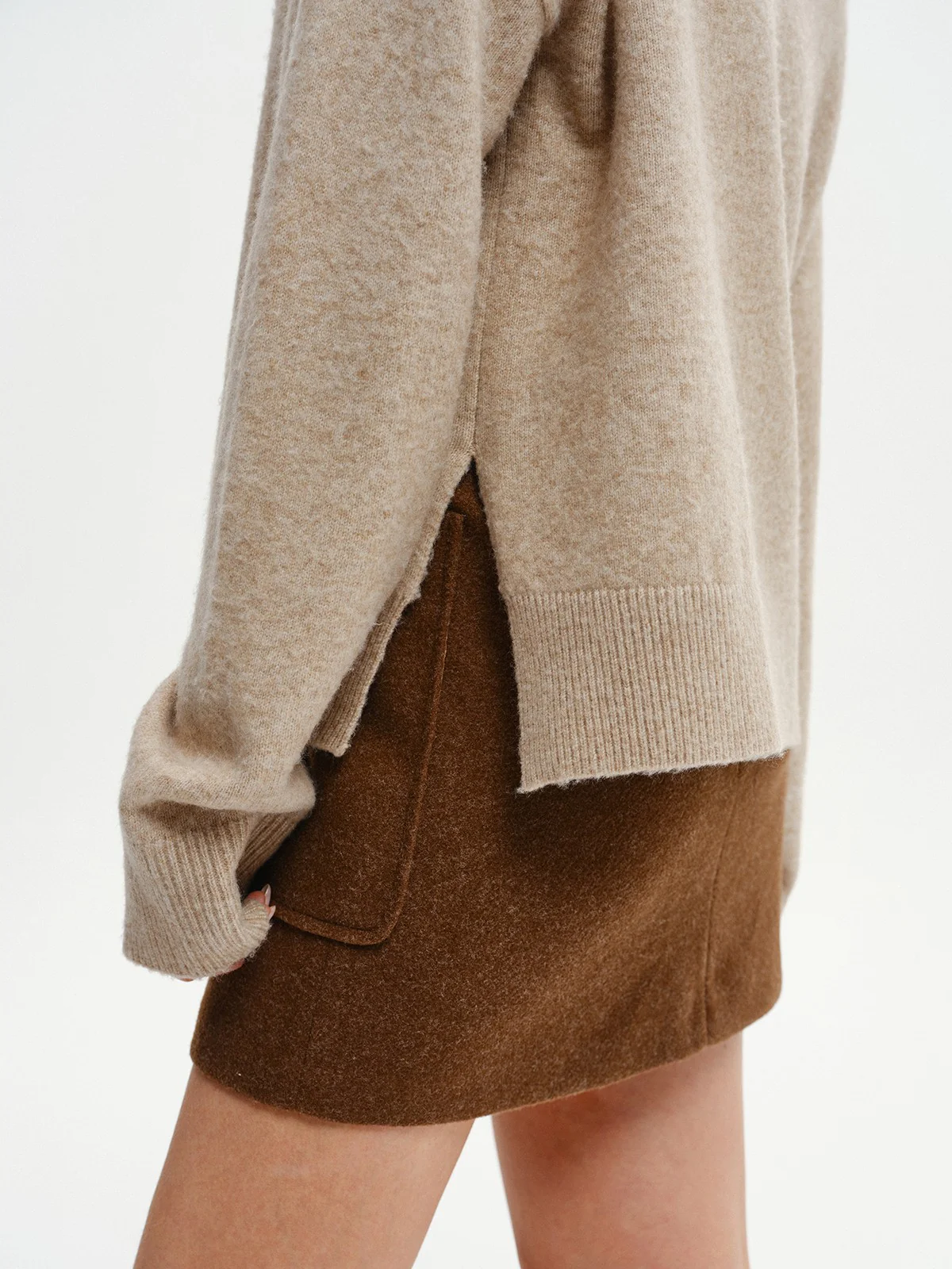 Wool-Blend V-Neck Sweater with Side Slit