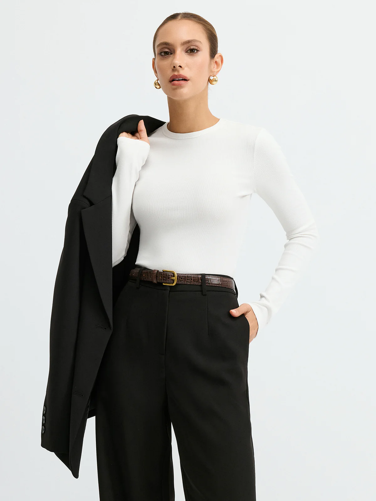 Ribbed Crew Neck Long Sleeve T-Shirt