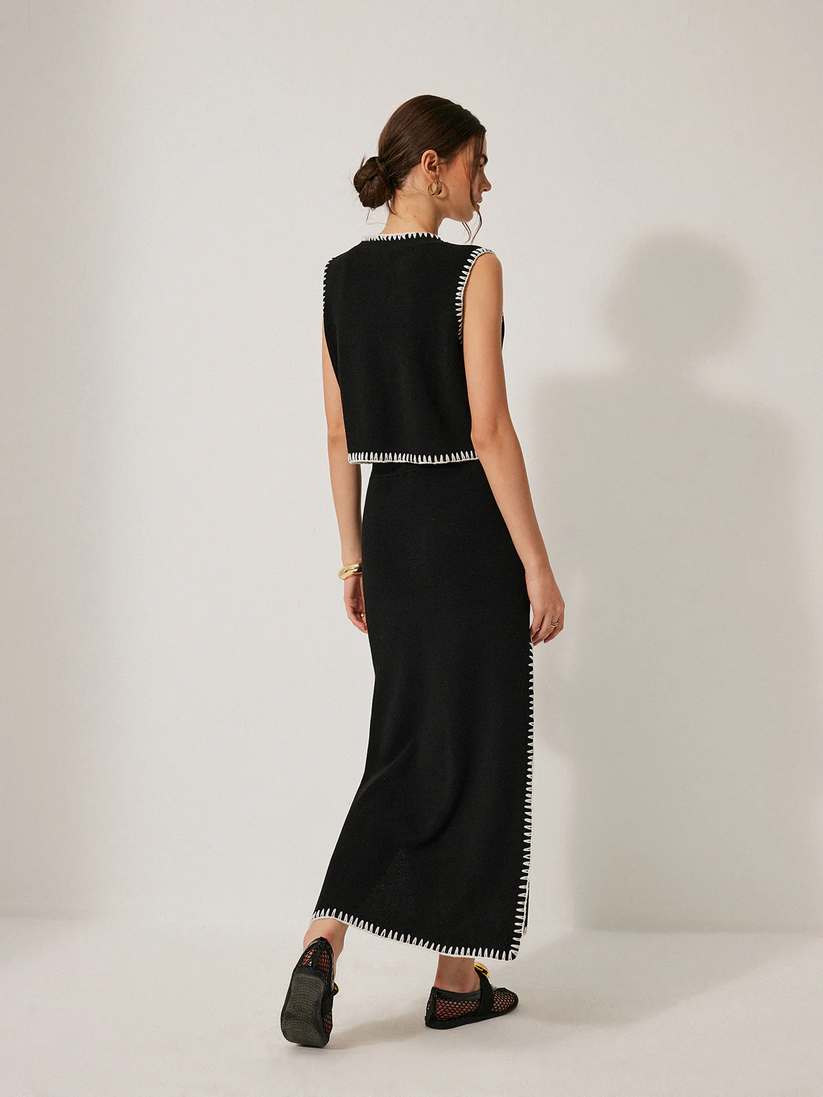 Contrast Trim Knit Tank Top With Skirt Set