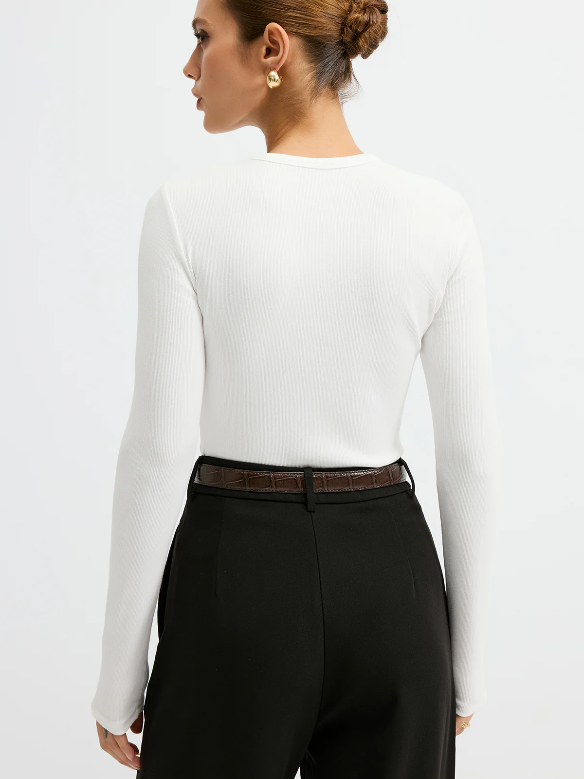 Ribbed Crew Neck Long Sleeve T-Shirt