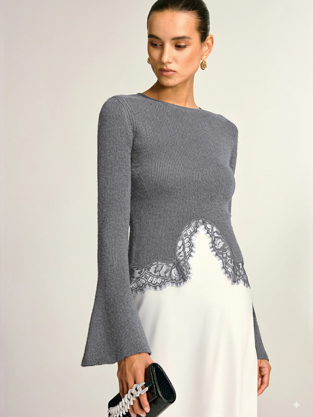 Lace Hem Bell Sleeve Wool Blend Knit Top