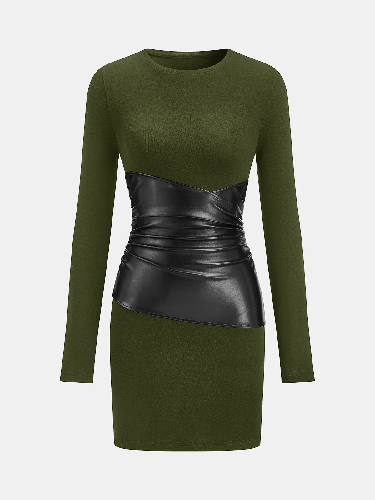 PU Leather Panel Long Sleeve Knit Dress