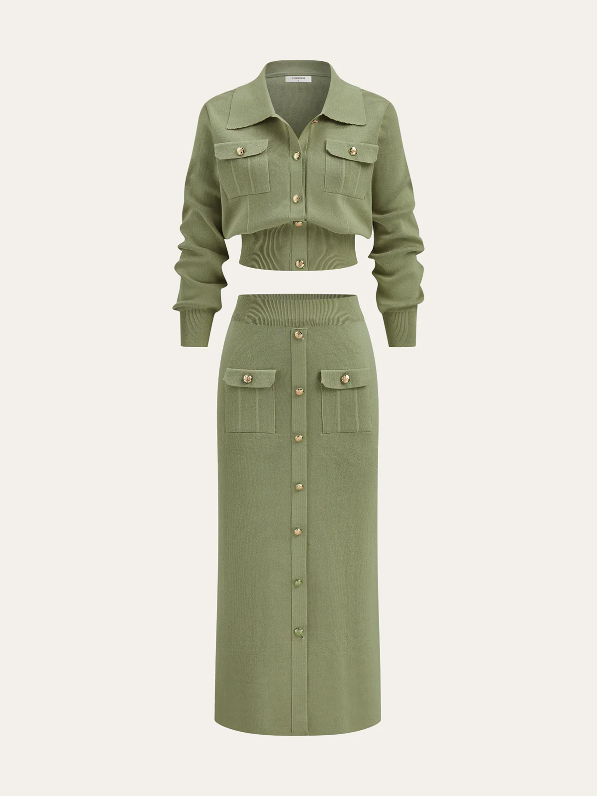 Metal Button Collared Cardigan and Midi Skirt Set