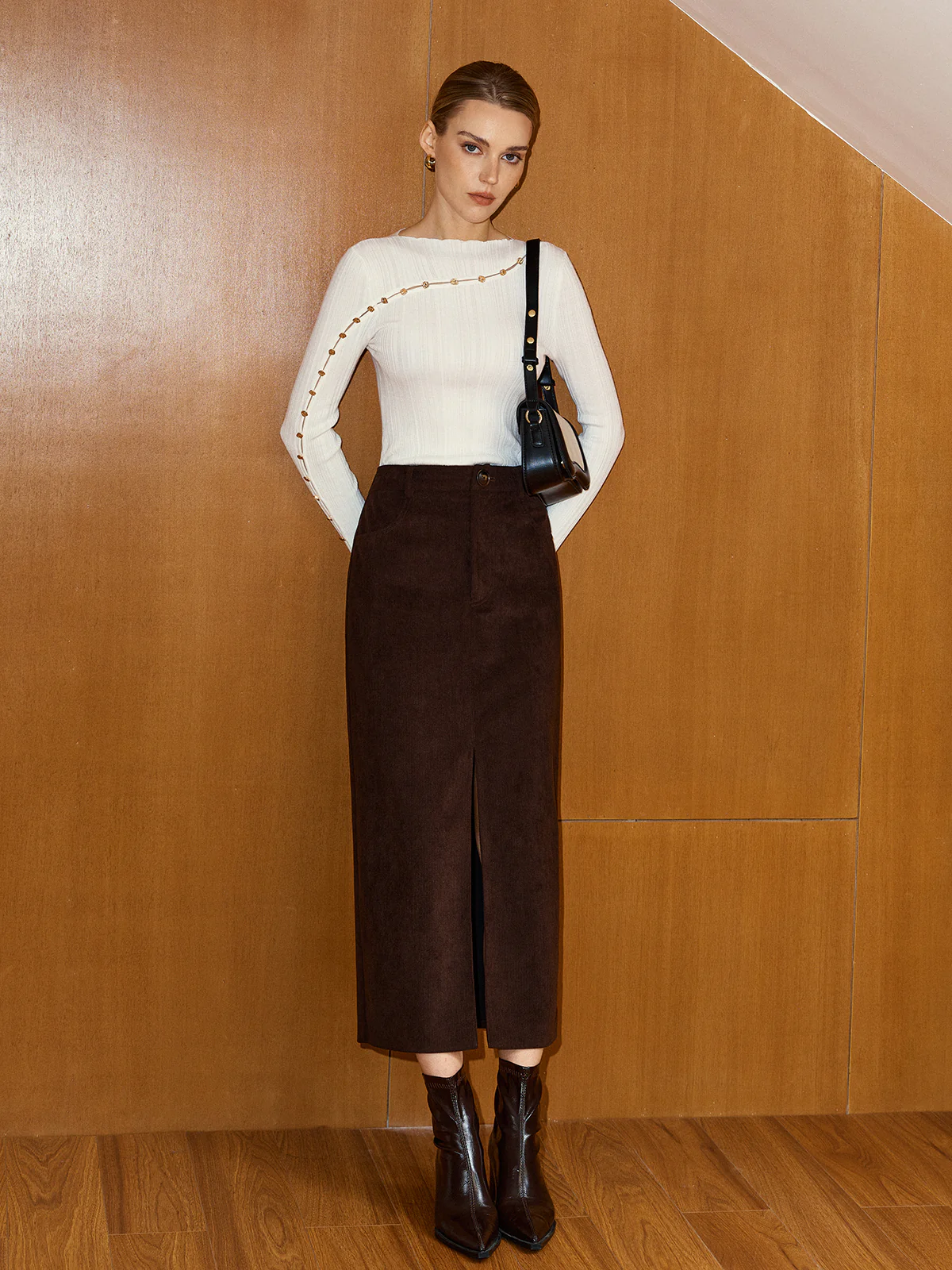 Metal Detail Asymmetric Cut-Out Wool Blend Top