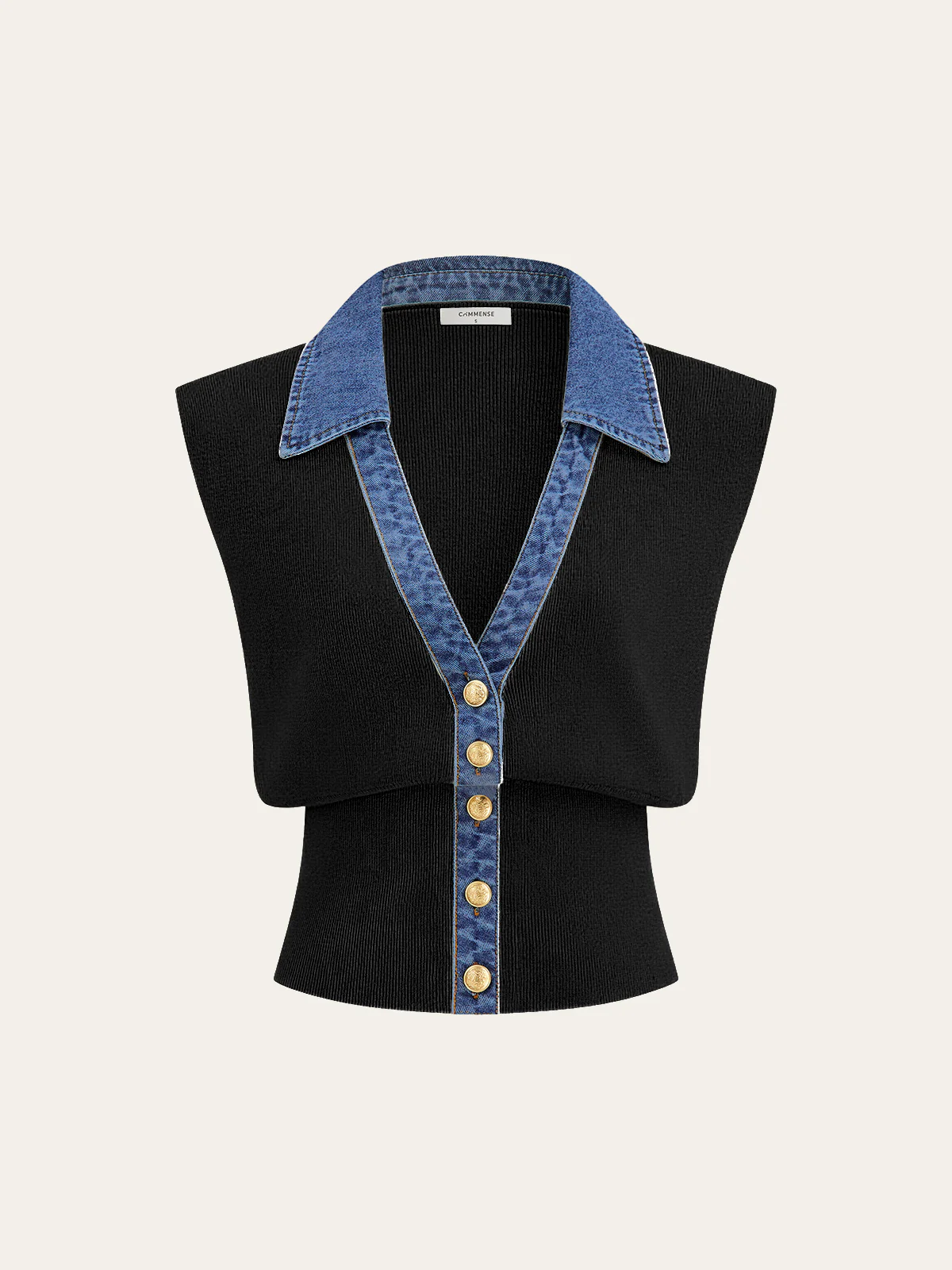Denim Trim Metal Button Knit Vest