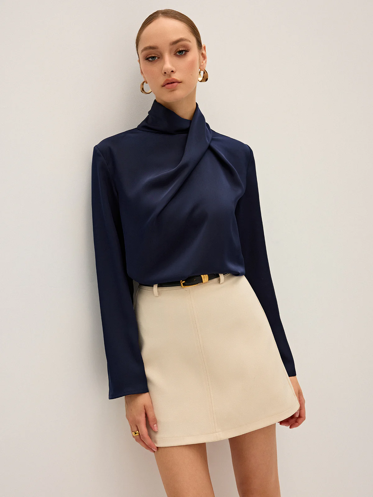 Satin Draped High Neck Blouse