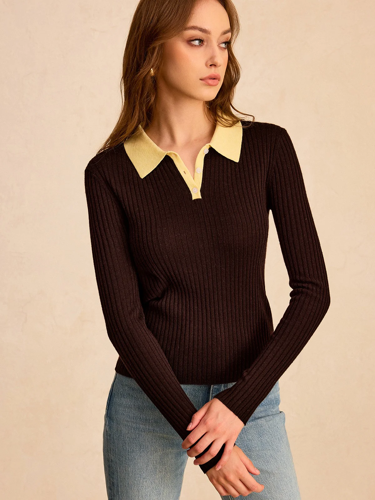 Contrast Collar Wool Blend Polo Knit Top