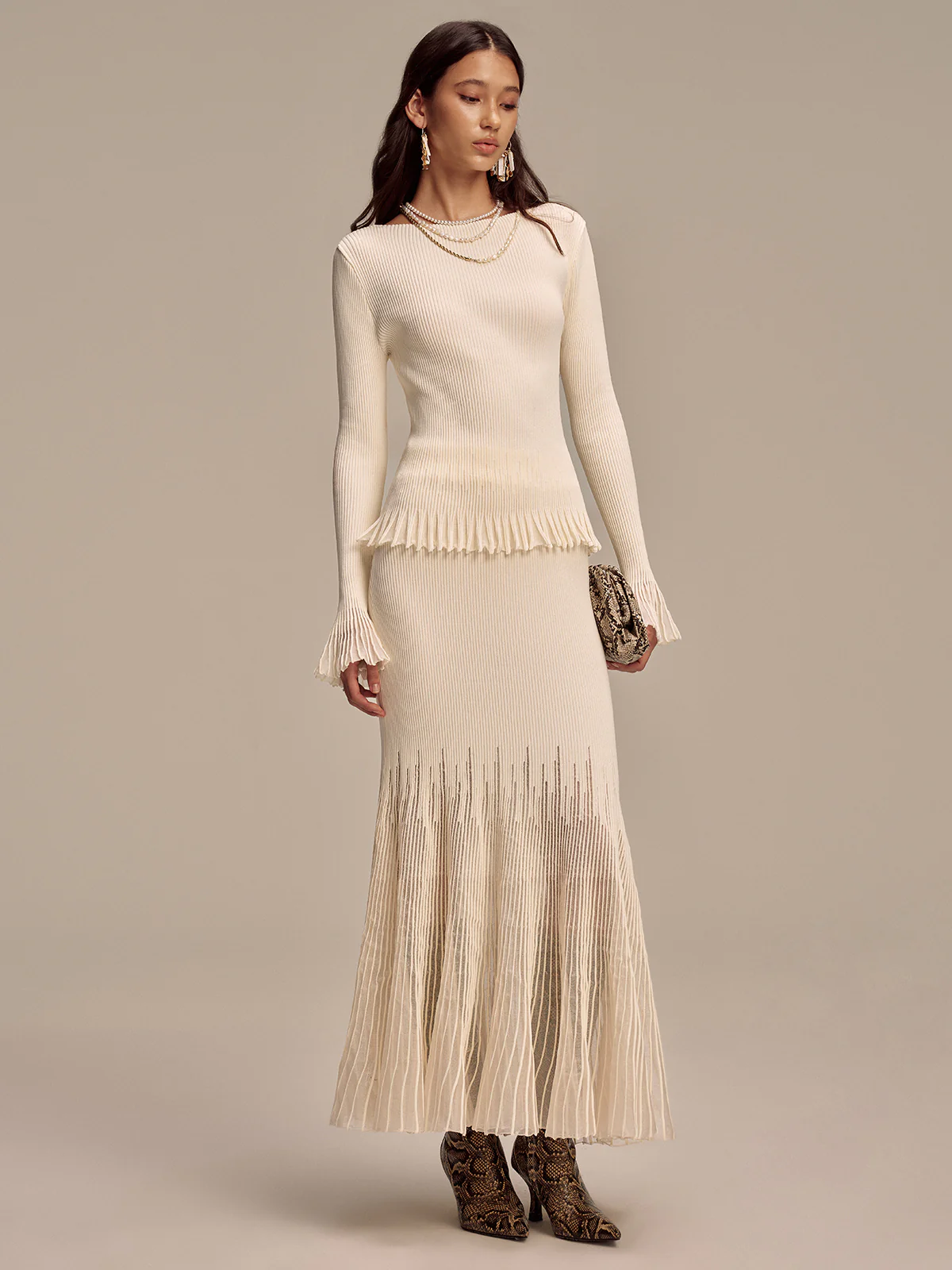 Ribbed Knit Mesh Ruffled Hem Bell Sleeve Top