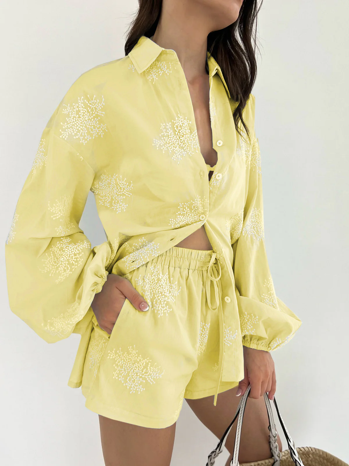 Semi-Sheer Plant Embroidery Casual Shorts Set