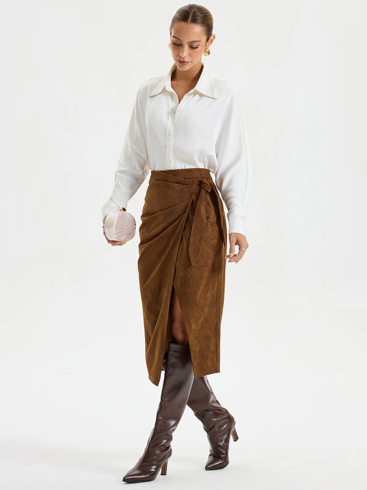 Tie Knot Suede Effect Midi Skirt