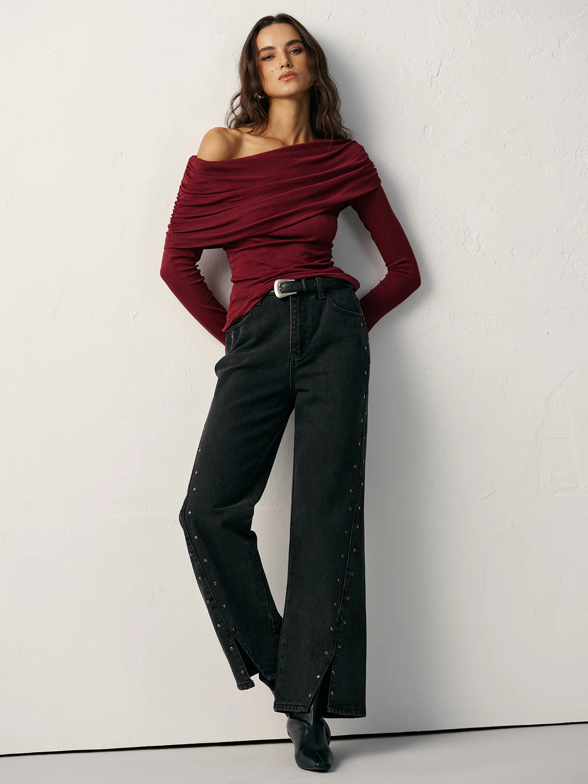 Off-Shoulder Ruched Wool Blend T-Shirt