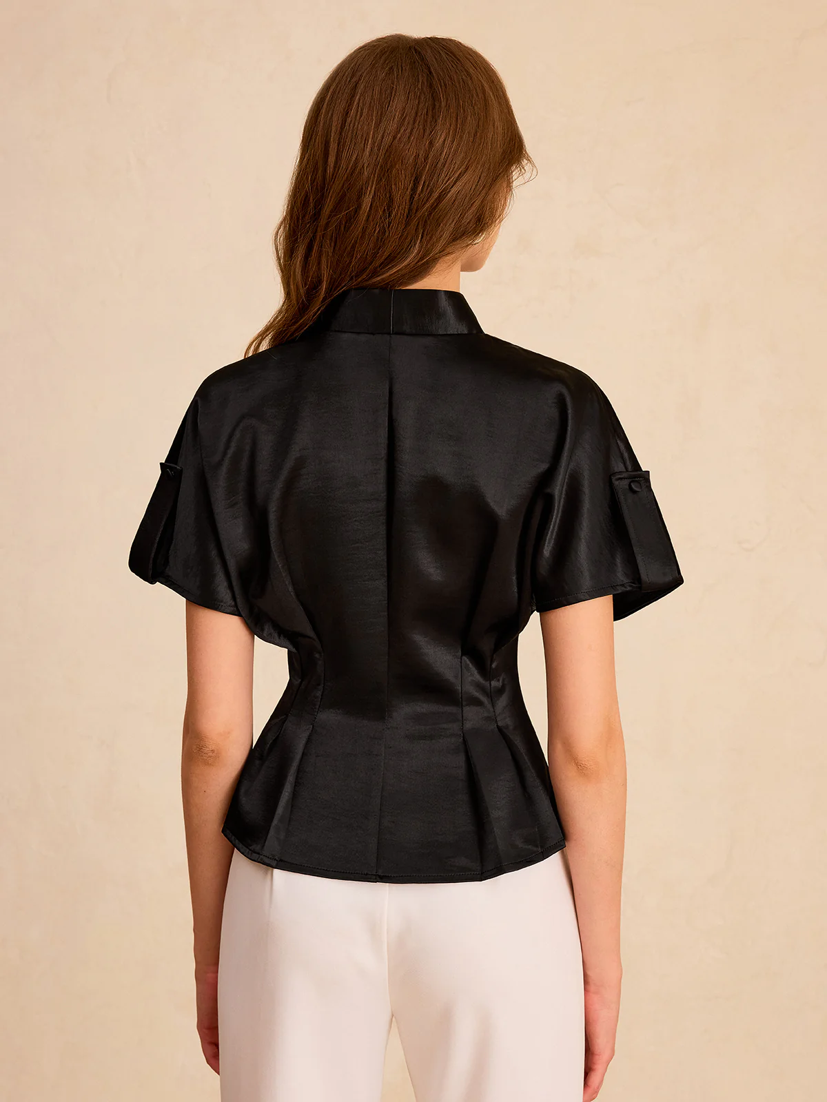 Satin Pleated Button Peplum Top