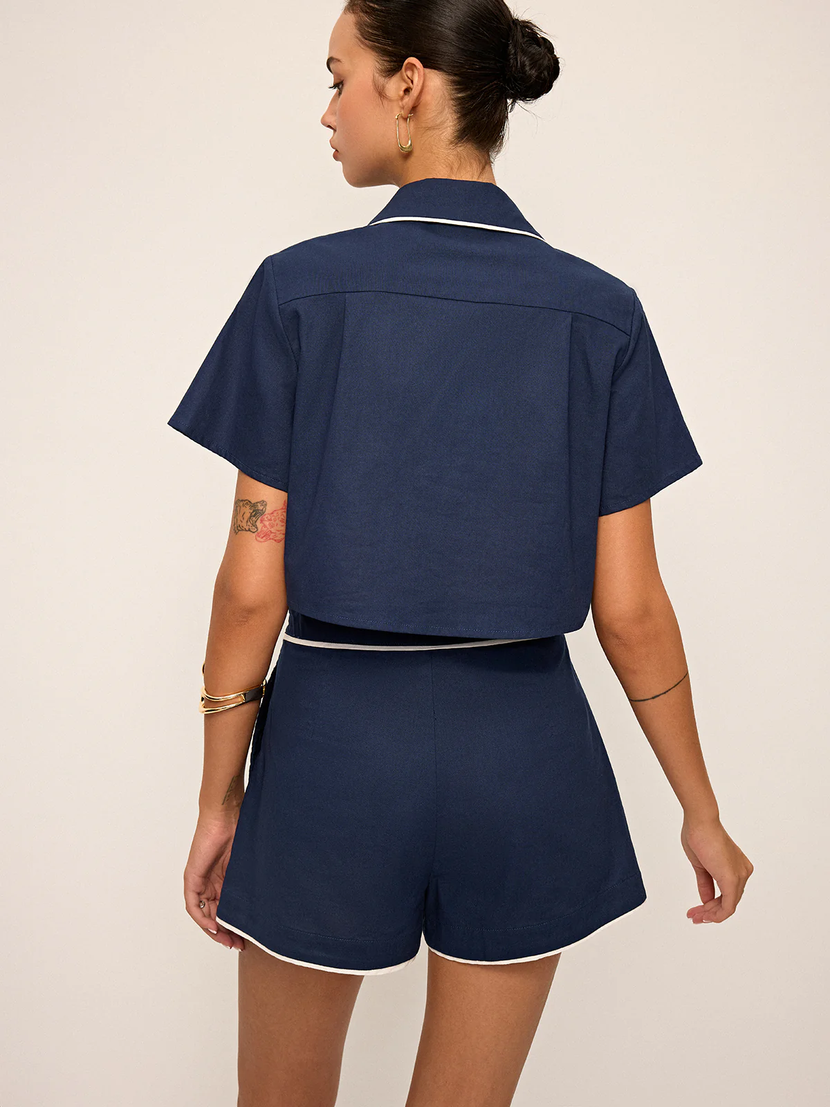 Contrast Piping Crop Shirt and Shorts Set