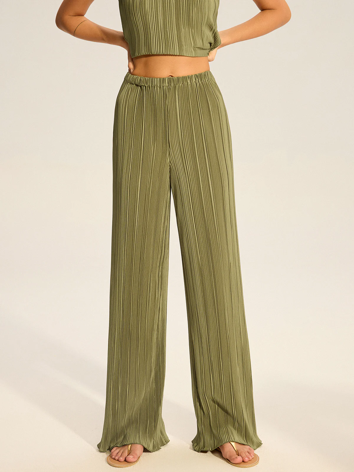 Pleated Top and Wide-Leg Pants Set