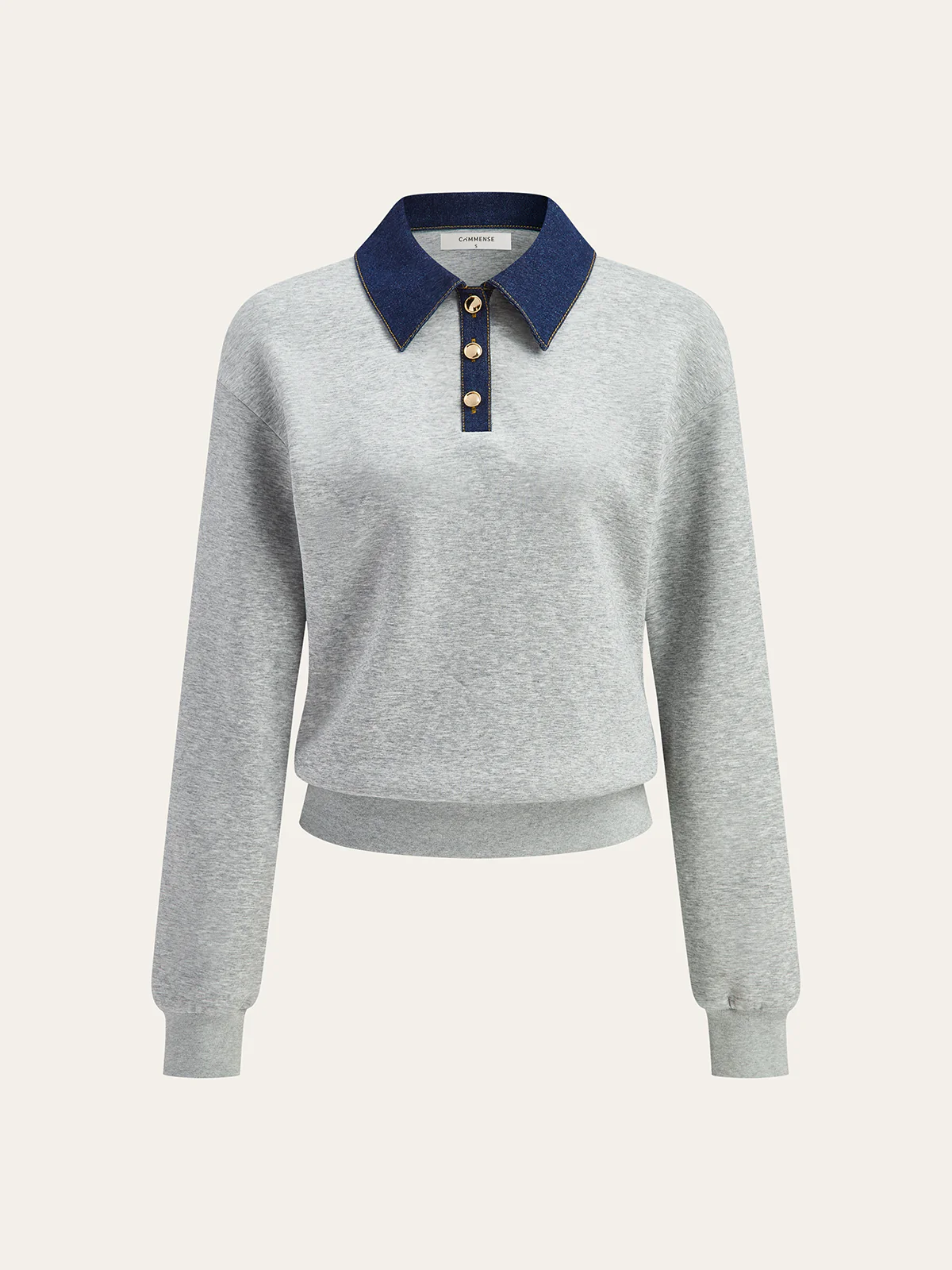 Denim Collar Metal Button Polo Sweatshirt