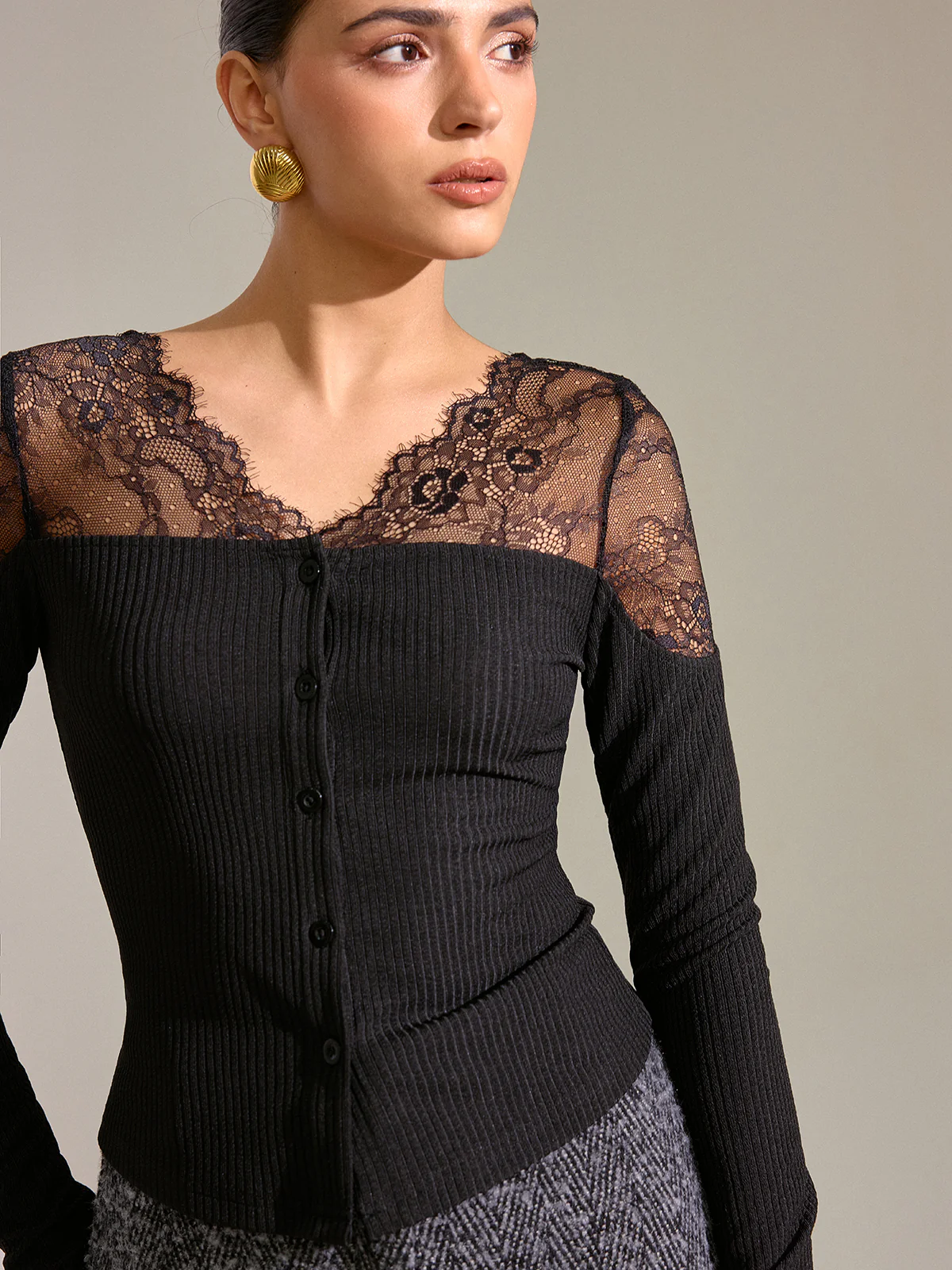 Lace Panel Ribbed Knit T-Shirt