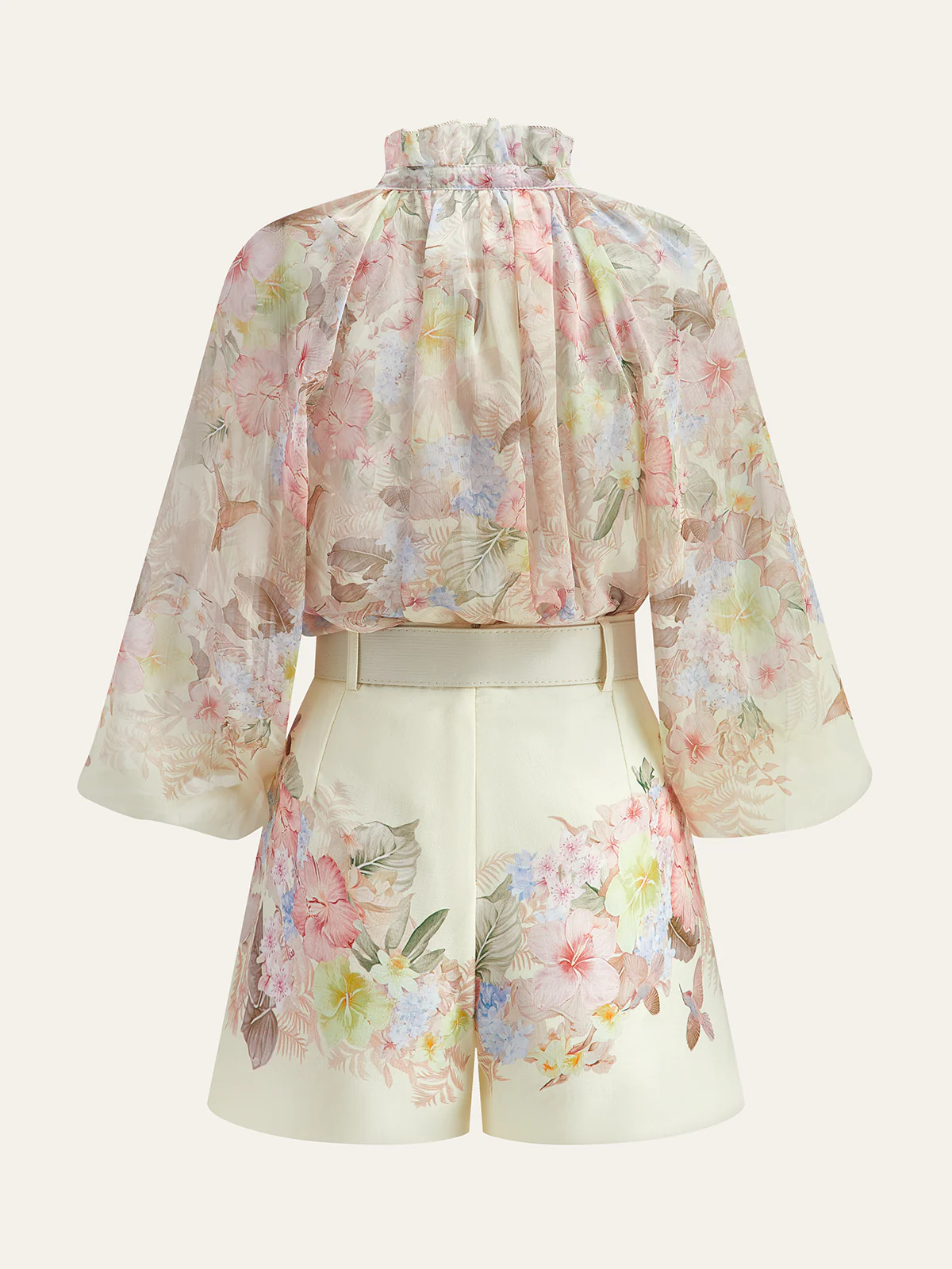 Floral Print Three-Piece Shorts Set With Belt