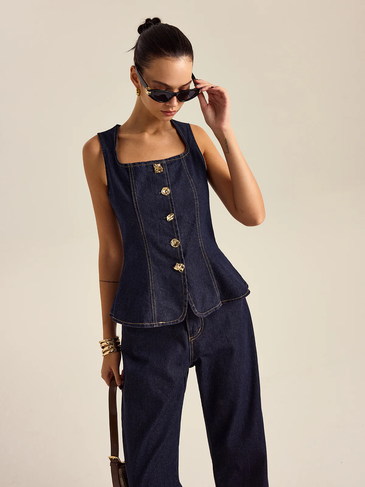 Denim Metal Button Peplum Top and Pants Set