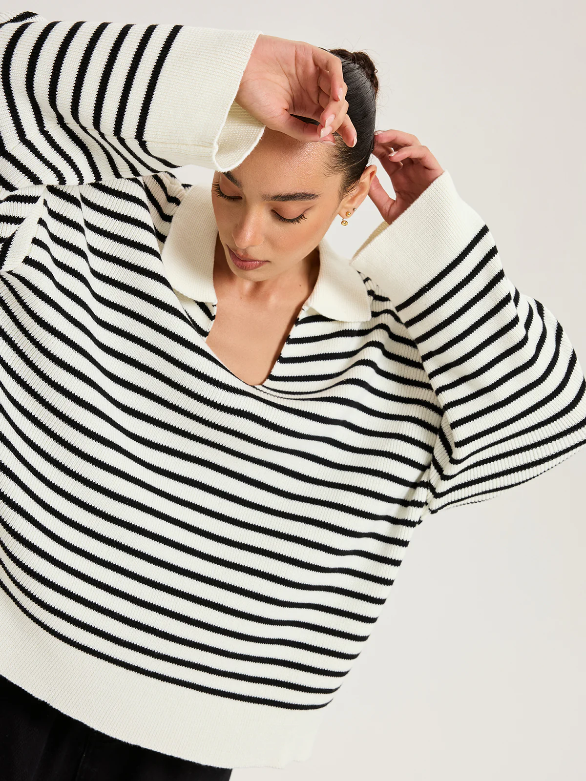 Striped Polo V-Neck Knit Top