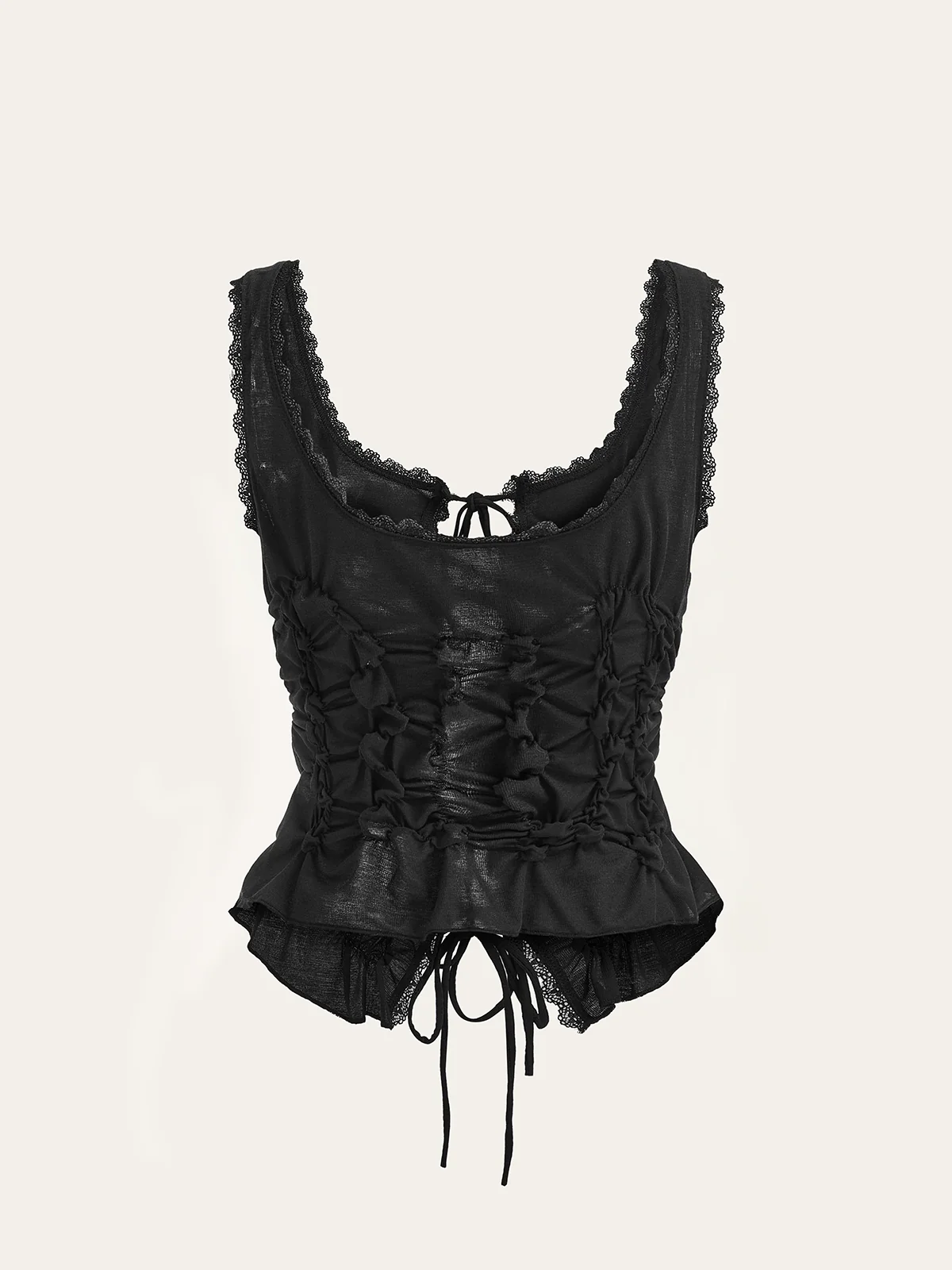 Semi-Sheer Lace-Trimmed Ruched Corset Top