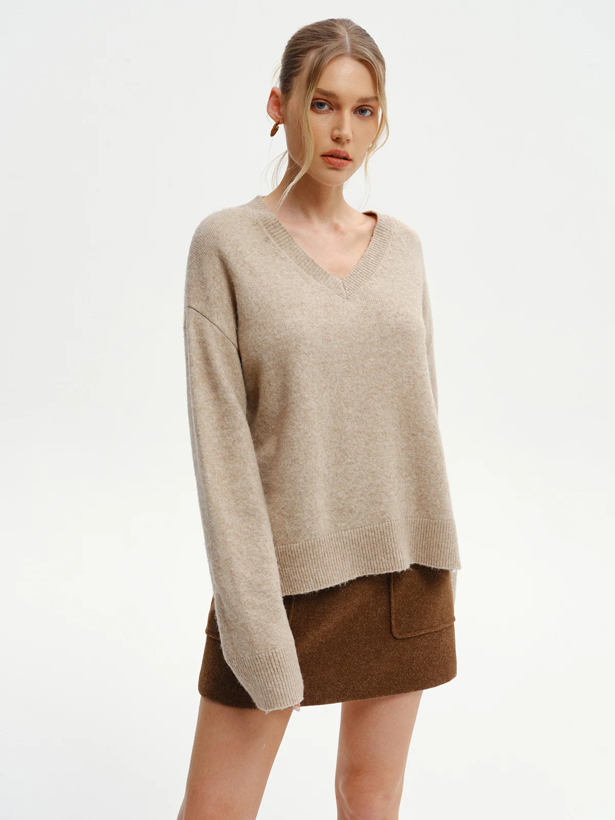 Wool-Blend V-Neck Sweater with Side Slit