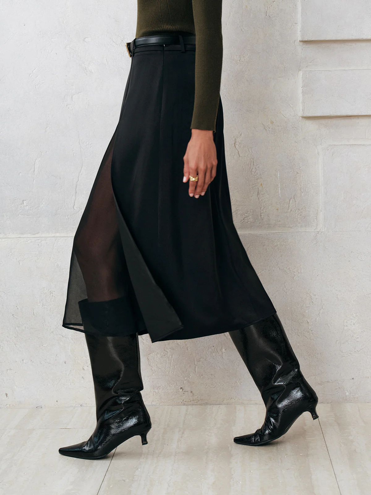 Sheer Slit Midi Skirt without Belt