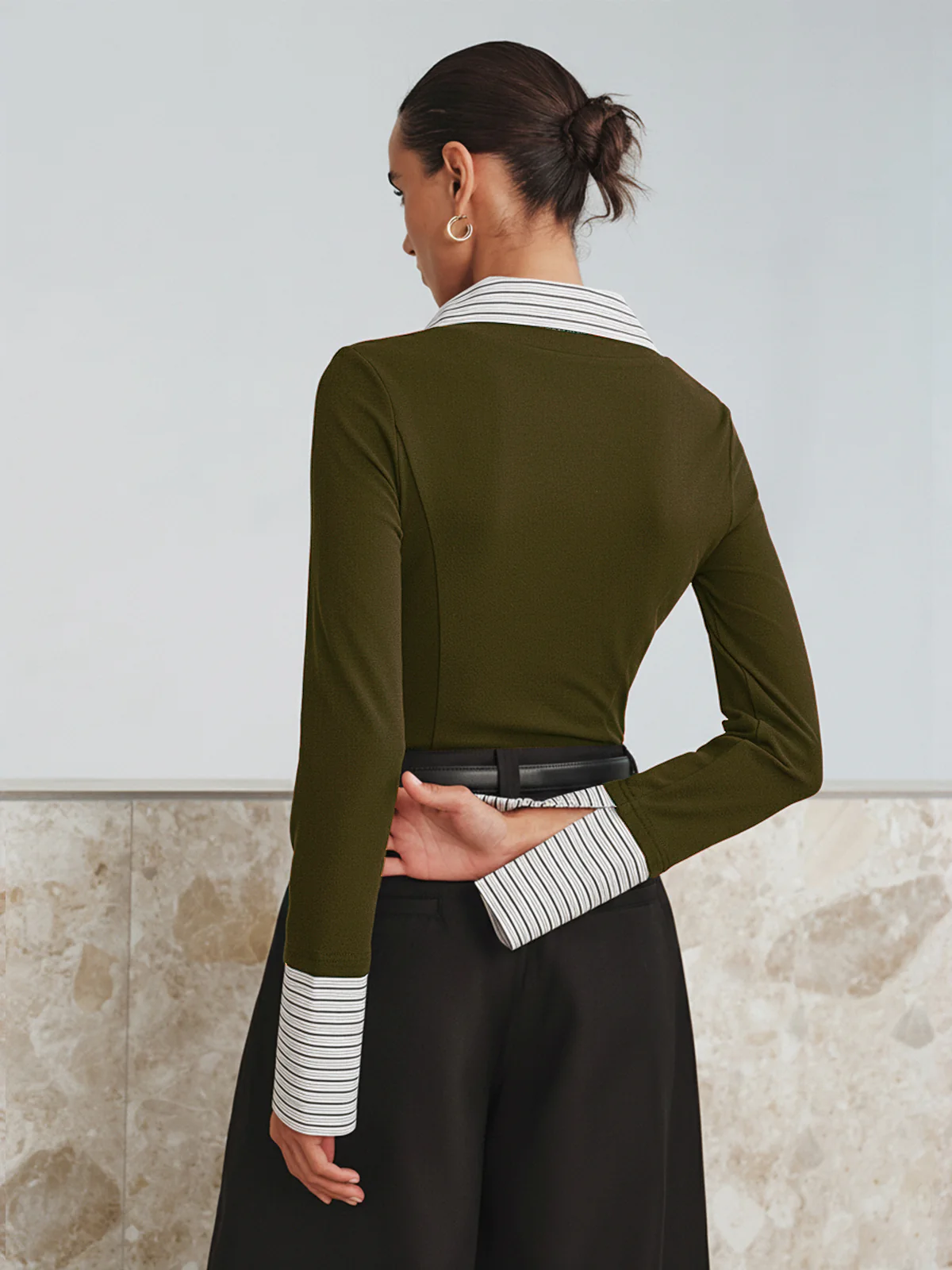 Mock Two-Piece Long-Sleeve Two Tone Polo Top