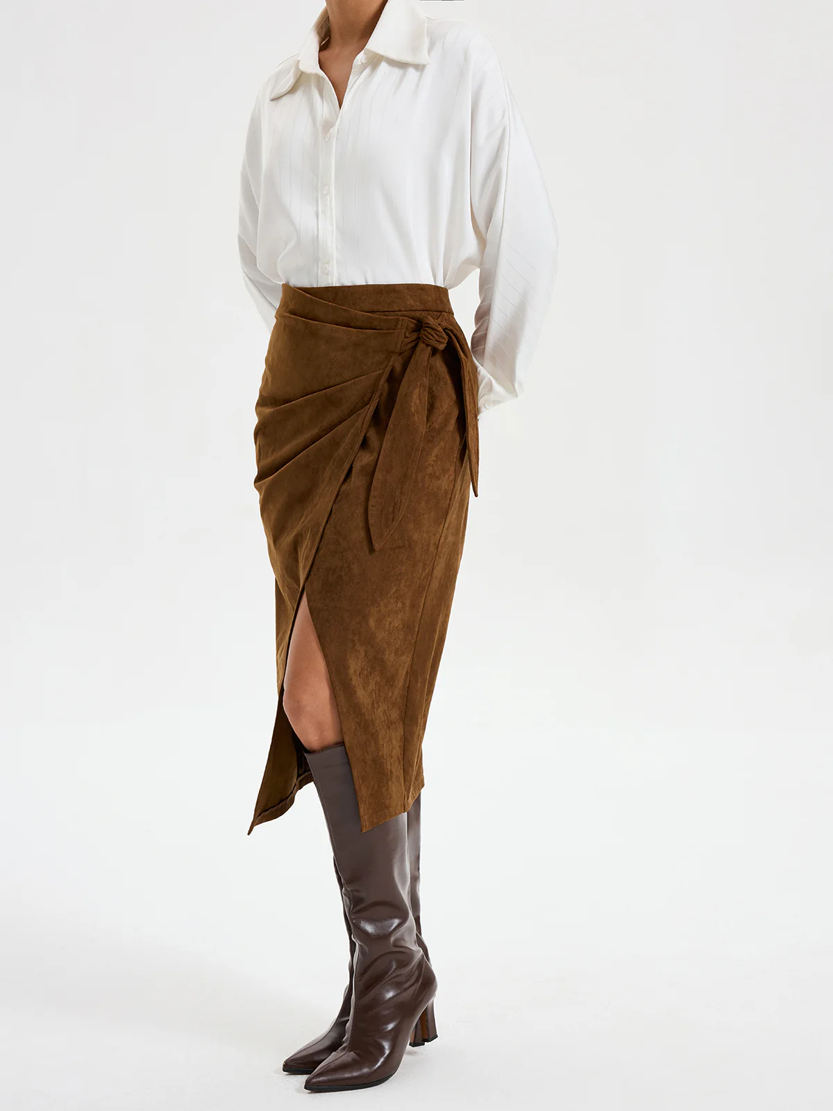Tie Knot Suede Effect Midi Skirt