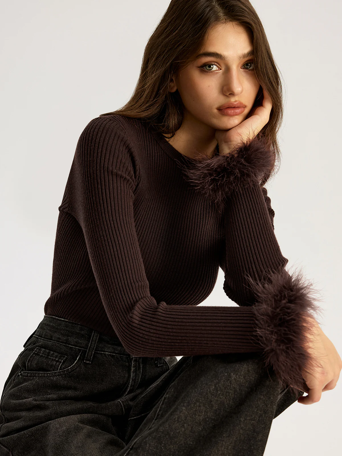 Faux Fur Cuff Ribbed Knit Top