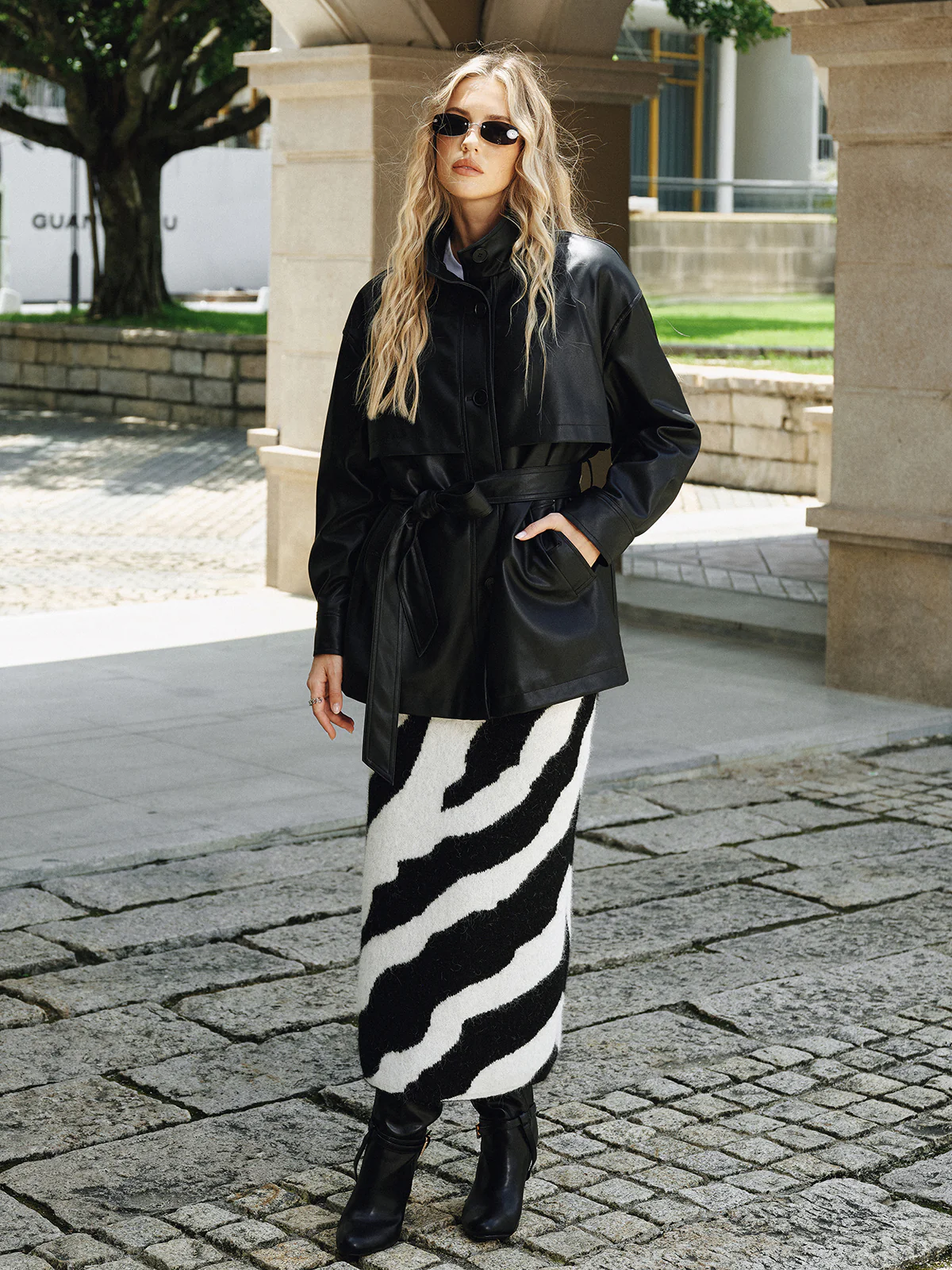 Zebra Print Wool Blend Maxi Skirt