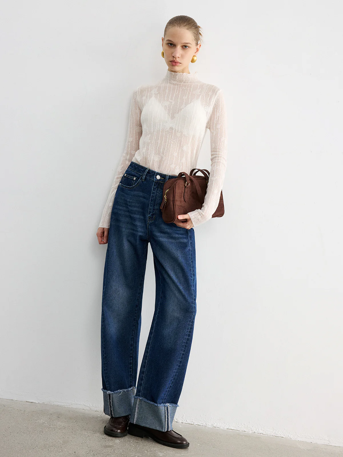 Frayed Cuffed Denim Wide-Leg Jeans