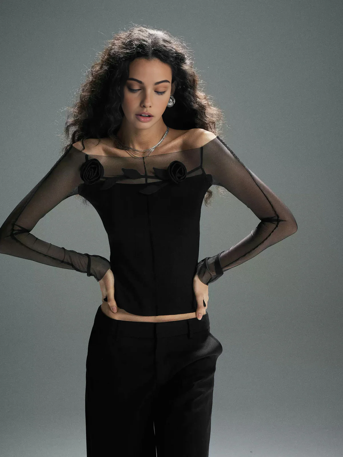 3D Flower Off-Shoulder Sheer Mesh Panel T-Shirt