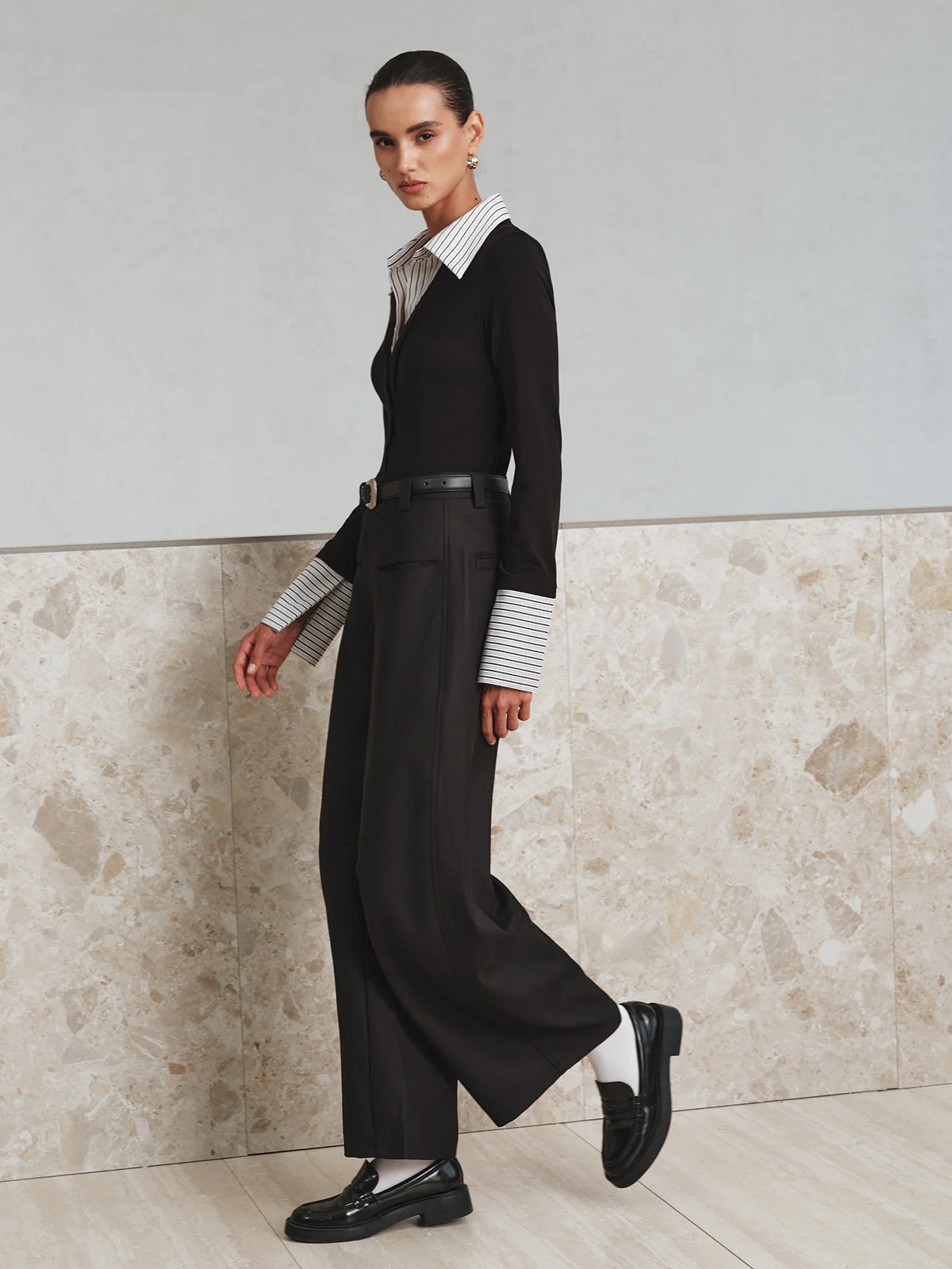 Mock Two-Piece Long-Sleeve Two Tone Polo Top