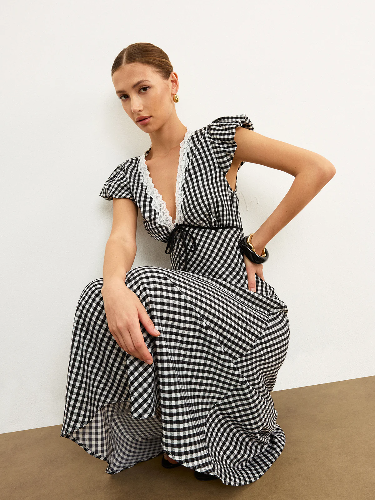 Gingham Lace-Trimmed Midi Dress